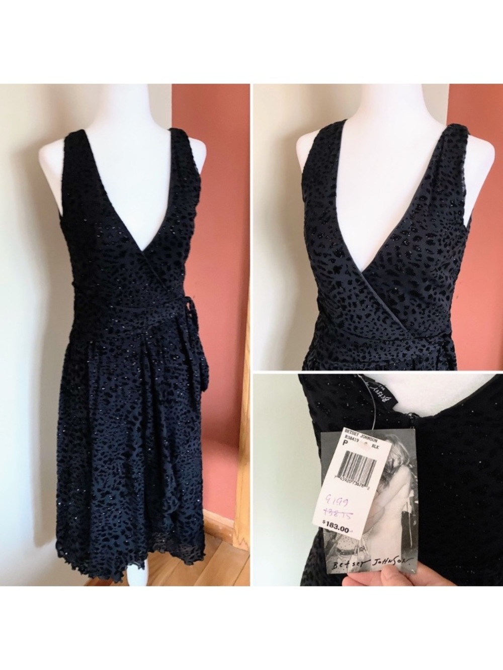 NWT Vintage Betsey Johnson 90s Black Leopard Print Nylon Rayon Glitter Dress XS